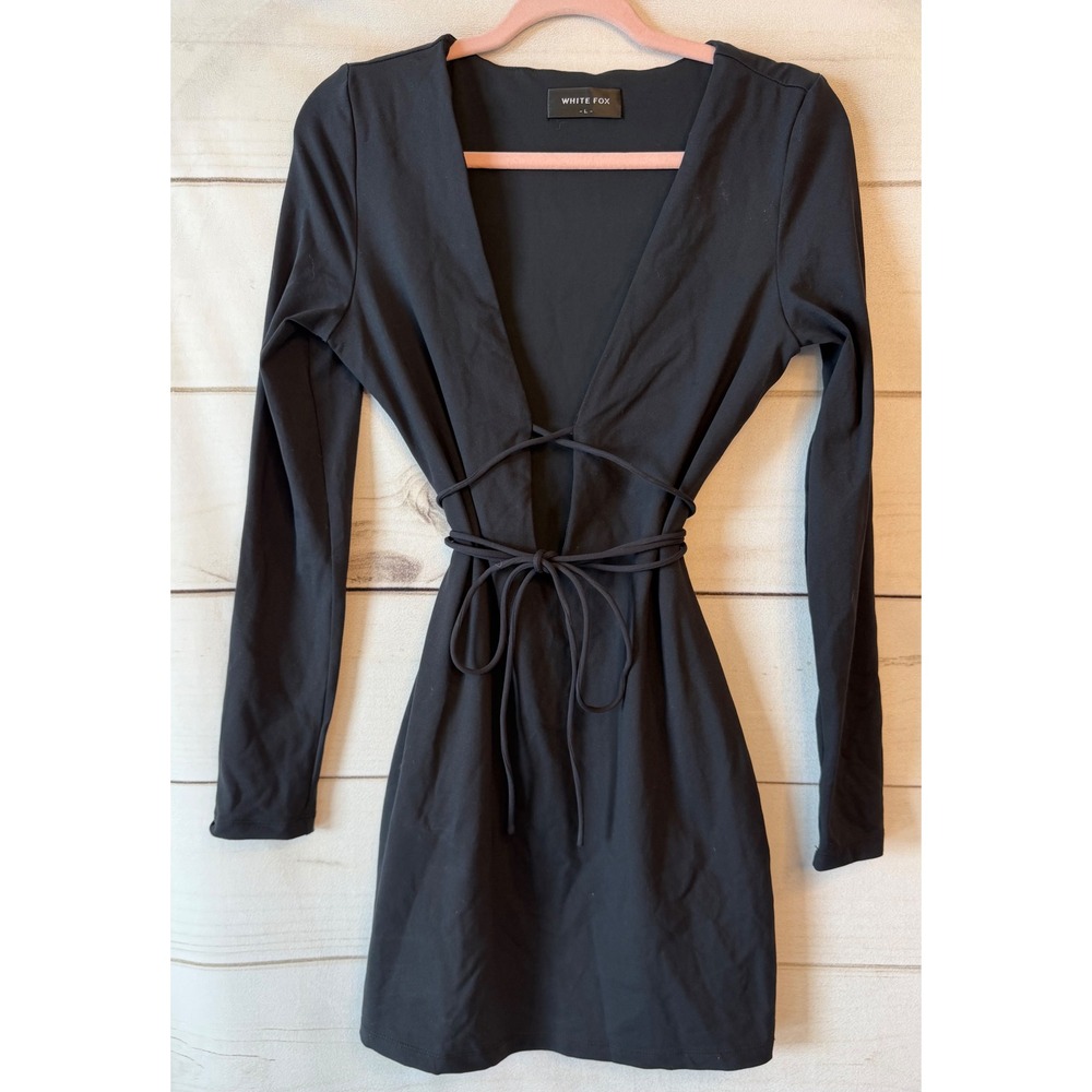 White Fox Black Long Sleeve Plunging V-Neck Wrap Tie Mini Dress Large